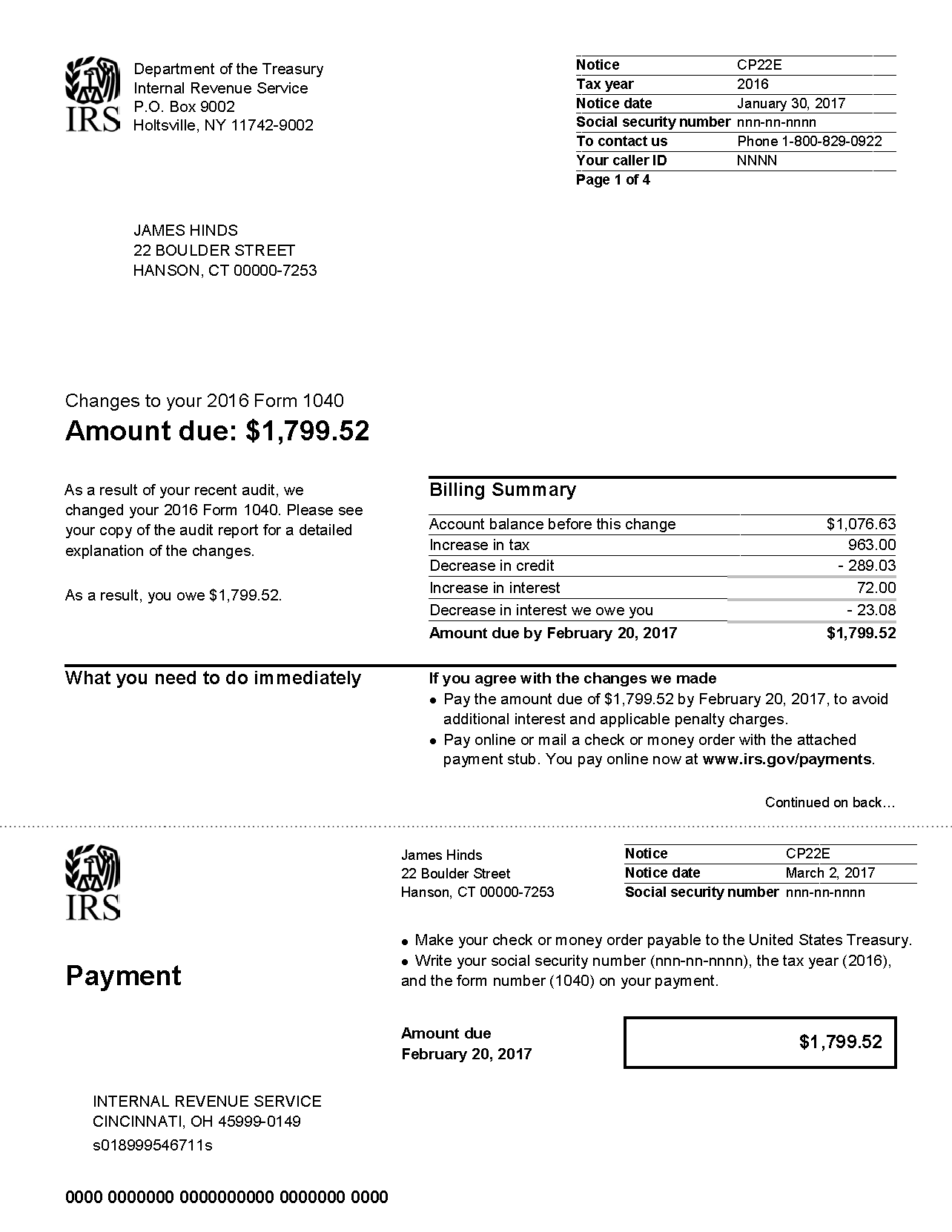 IRS Notice CP22E Changes to Form 1040, Amount Due H&R Block