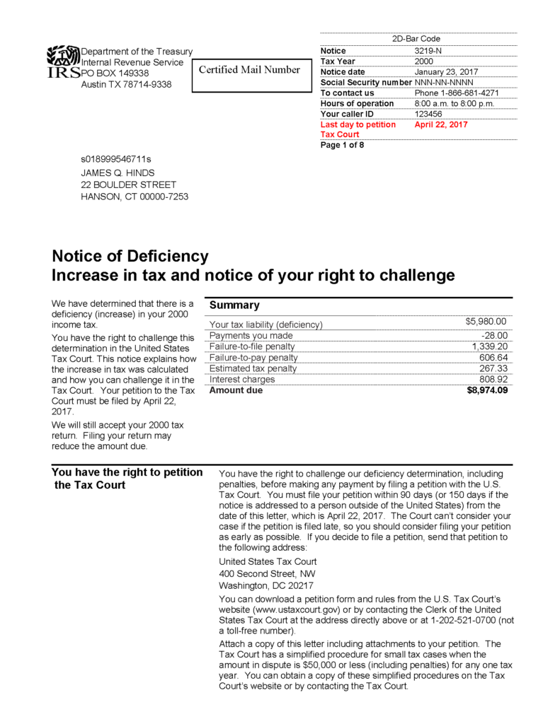IRS Notice CP3219N Statutory Notice of Deficiency H&R Block