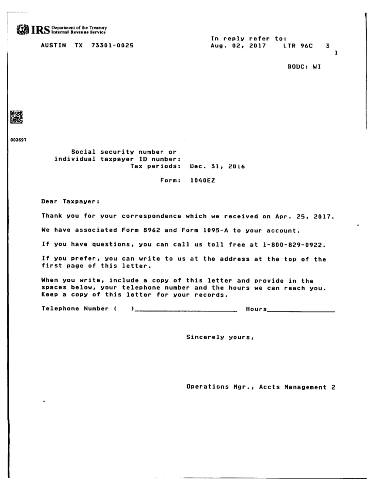 IRS Letter 96C Acknowledgement Letter H&R Block
