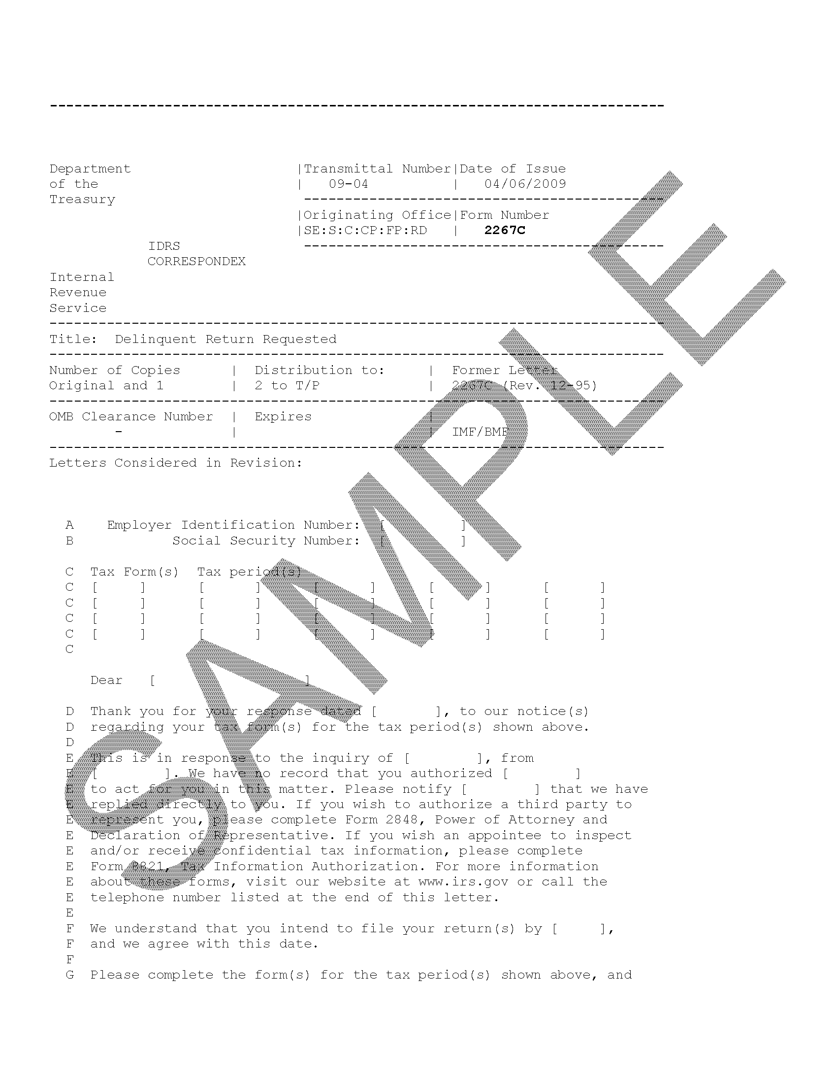 IRS Letter 2267C Past Due Tax Return Requested H R Block IRS Letter 2267C Past Due Tax Return Requested H R Block