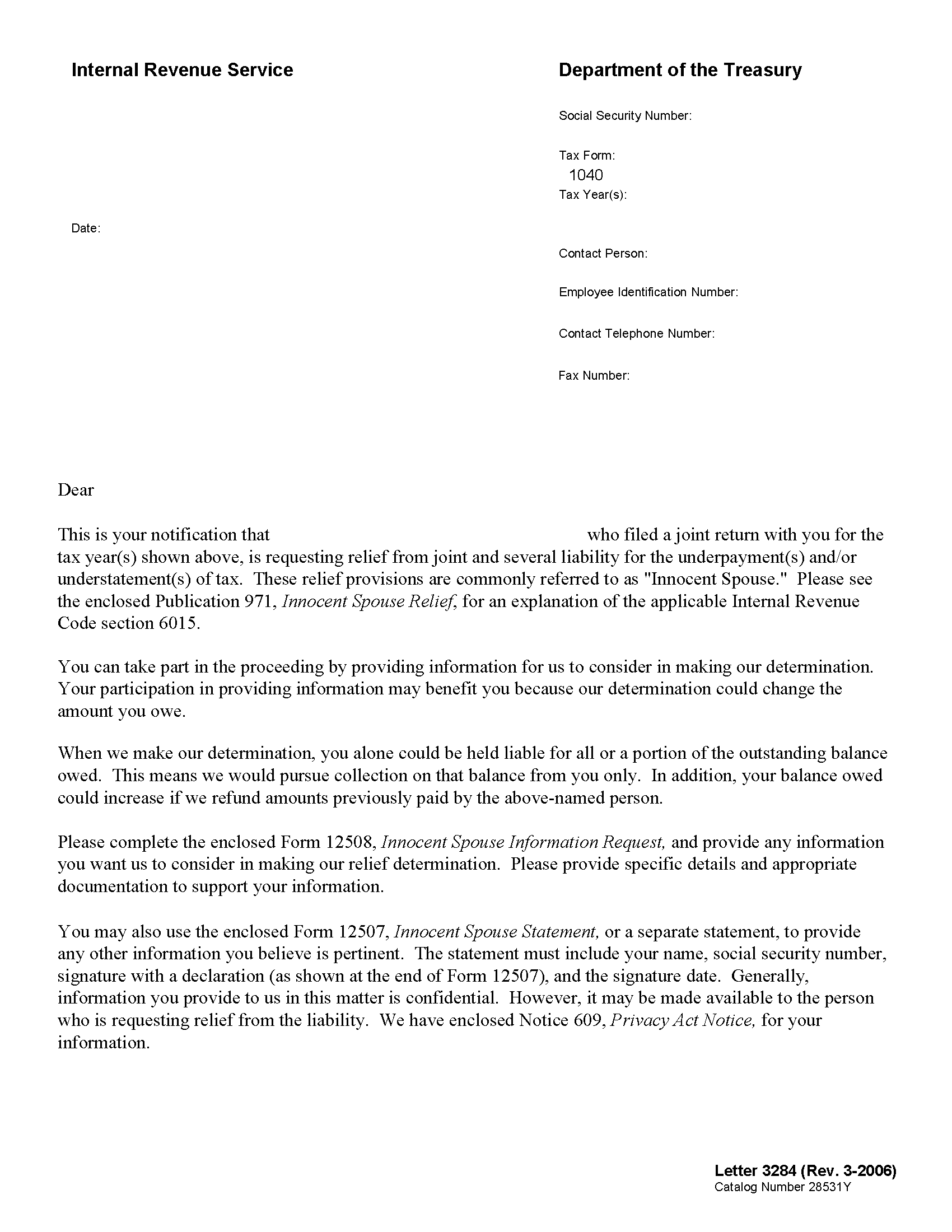 IRS Letter 3284 Notification of Innocent Spouse Relief Filed H&R Block