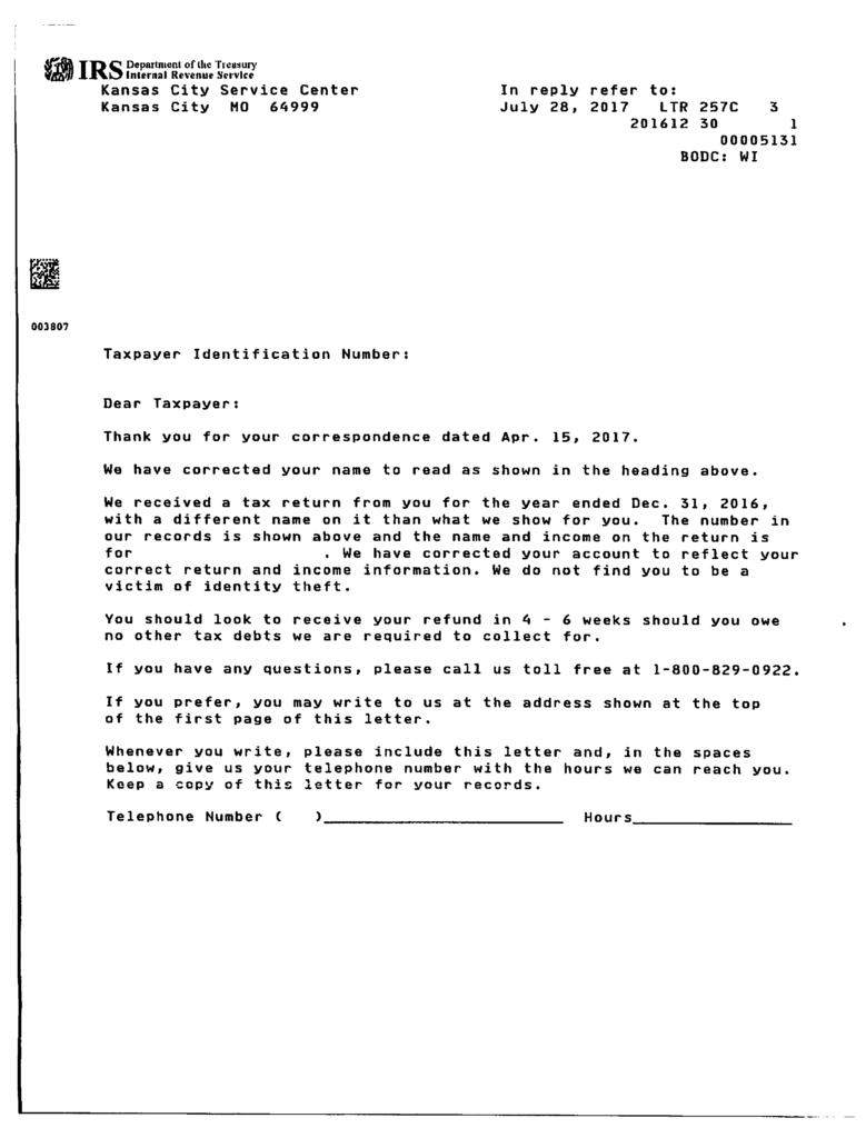 IRS Letter 257C We Corrected Your Name or Taxpayer Identification
