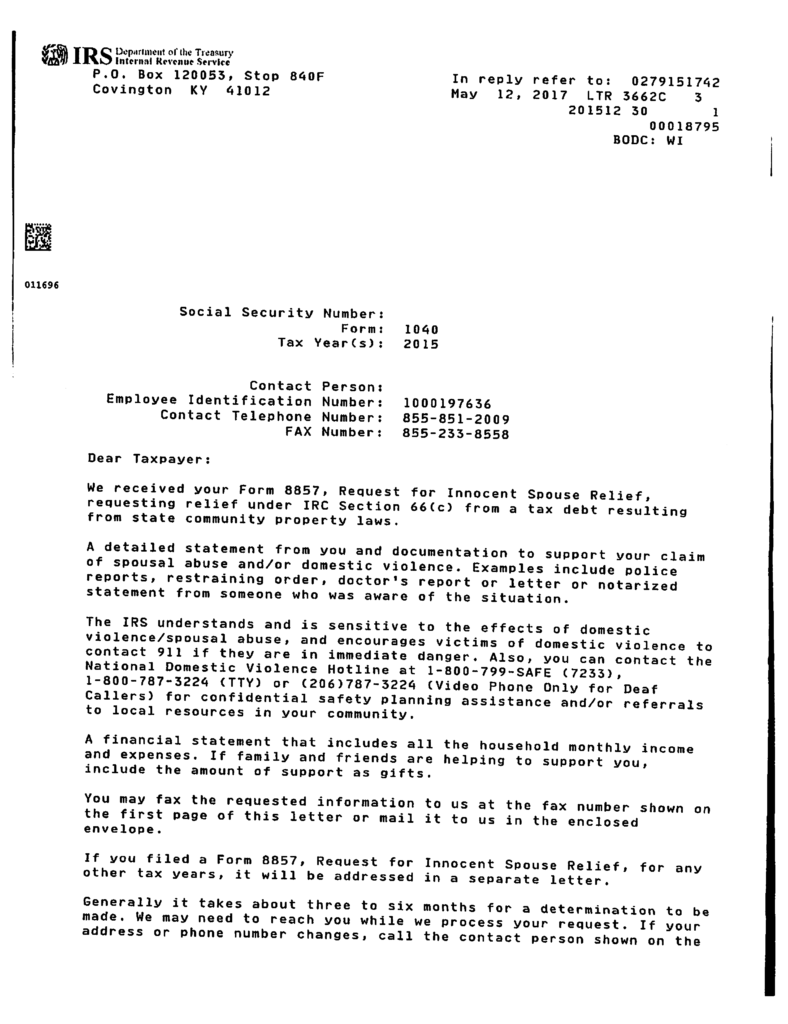 IRS Letter 3662C Requesting Spouse Initial Contact H&R Block