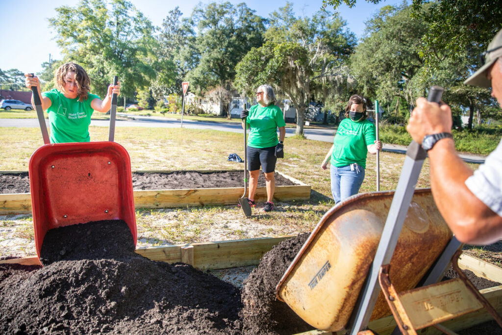 Volunteers empty wheelbarrows of dirt into a garden bed.